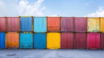 Poster - Stacked cargo containers at a port, awaiting shipment or storage, representing international trade and logistics.