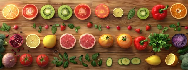 Wall Mural - Vegetables and fruits flat lay on a wooden table