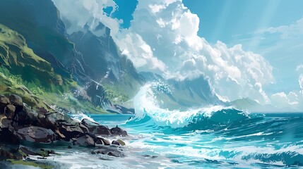 Wall Mural - Coastal cliffs with waves crashing against the rocks below, with copy space