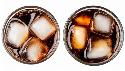 Wall Mural - cola with ice cubes in glass top view isolated on white background clipping path included