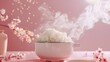 Artistic bowl of rice with steam and blossoms - A creative presentation of a white bowl filled with steamed rice amid floating cherry blossoms exuding an artistic and tranquil vibe