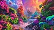 Fantastical alien landscape with surreal flora - A breathtaking alien planet landscape full of surreal, colorful plants and mystical atmosphere