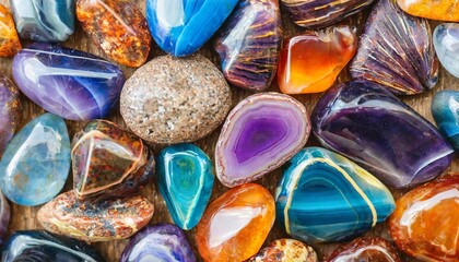 collection of semi precious shiny reflective stones gemstones background agate in blue purple and orange used in alternative medicine and crystal healing