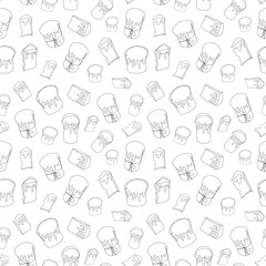 Wall Mural - Seamless pattern of Easter Kulich cakes with icing. Continuous one line drawing. Traditional Ukrainian Easter cupcakes. Black and white vector isolated on white. For print, textile, wrapping paper