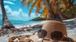 Close-up of a beach hat, sunglasses, and a seashell necklace on a sandy beach with palm trees swaying in the breeze