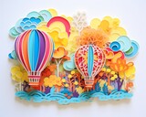 Fototapeta  - Hot air balloons sunrise paper cut pastel sky paper cut paper art minimal cute