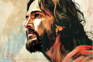 Illustration of Jesus portrait in graphic novel style