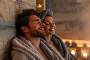 Canvas Print - Embraced couple in love enjoying in sauna