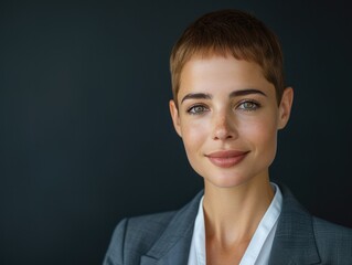 Wall Mural - happy smiling or laughing American female office worker with very short hair on professional background