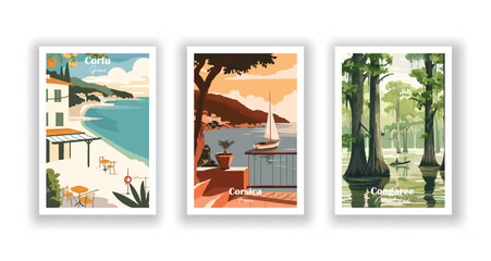 Wall Mural - Congaree, National Park. Corfu, Greece. Corsica, France - Set of 3 Vintage Travel Posters. Vector illustration. High Quality Prints