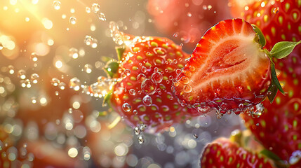 Wall Mural - half opened fresh strawberries with splash of water with copy space - AI Generated