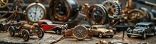Vintage Watches, Vintage Toy Cars On A Wood Table, Small Machines, Close Up, Complicated,  