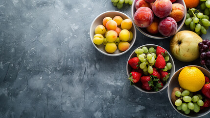 Wall Mural - top view flat lay Fresh fruits assorted fruits arranged attractively in bowls on grey background with copy space - AI Generated