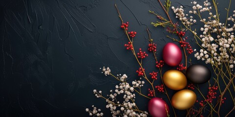 Wall Mural - Easter decorated eggs on a dark luxurious background with flowers. Easter banner with copy space