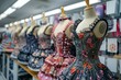 Close up view of an array of sophisticated dresses on mannequins neatly aligned in a fashion studio