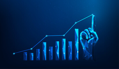 Poster - hand business pointing finance graph investment growth on blue background. trading market money increase. vector illustration fantastic hi-tech.