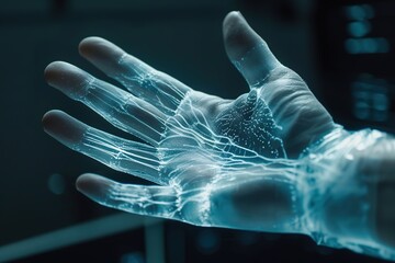 Close up palm hand with hand scan concept modern technology In scanning the blood vessels on a patient's hand, medical science