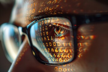 Close up of a man wearing glasses with binary numbers in the glasses concept. Program developer writing data. or solve system problems