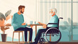 illustration / drawing of an old man in a wheelchair with a family member visiting or being cared for by a nurse in a retirement home or hospital. 