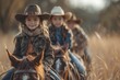 A young girl in cowboy gear smiles as she rides a horse, flanked by other riders in grassland