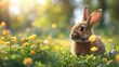 Festive Easter background with spring flowers,bunny,easter eggs