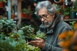 A focused elderly man with glasses attentively examines a potted plant in a lush greenhouse setting