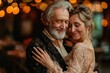 An elegant senior couple in formal attire lovingly dancing, surrounded by festive lights and conveying a story of timeless romance