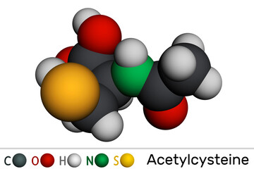 Poster - Acetylcysteine, N-acetylcysteine, NAC drug molecule. It is an antioxidant and glutathione inducer. Molecular model. 3D rendering.