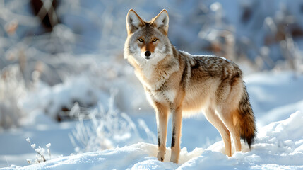 Naklejka na meble wild coyote standing in snowy landscape facing the camera