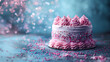 Pastel happy birthday cake against a blue background 