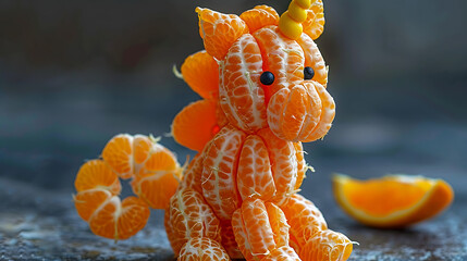 an orange has been into the shape of a Unicorn, in the style of elaborate fruit arrangements