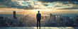 © Alice a. - A businessman standing on roof top of building looking to panorama cityscape view.