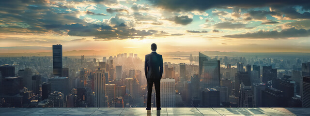 A businessman standing on roof top of building looking to panorama cityscape view.