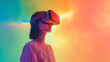 a girl in a rainbow vr headset and rainbow background on the isolated hue background