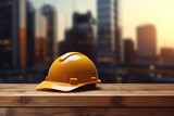 Fototapeta Przestrzenne - construction helmet on wooden table, yellow, building background