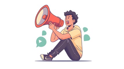 Wall Mural - Do not forget something important loudspeaker banner to remind it a community. Flat line vector illustration of cute man sitting alone and shouting with red megaphone. Announcement or alert on white