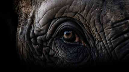 Close up of elephant eye and wrinkled skin on black background