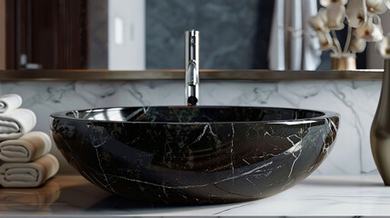 Wall Mural - Black and white minimal bathroom interior design, black marble round washbasin sink in modern luxury washroom.