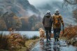 © familymedia - Elderly couple walking their dog on a rainy path with misty mountains in the background