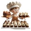 A sophisticated 3D cartoon render of a chef presenting a tray of elegant petit fours.