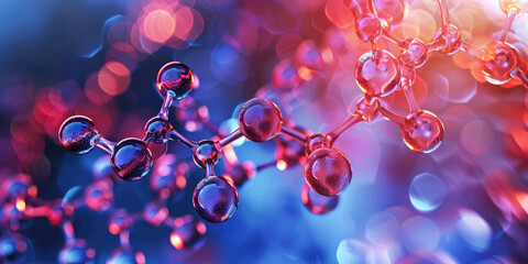 Abstract Molecular Structure Representation. 3D illustration of colorful molecules representing amino acids, with a soft-focus background.