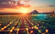 Precision Farming Technology at Sunset, Sunset over a high-tech agricultural field with digital monitoring interfaces showcasing precision farming.