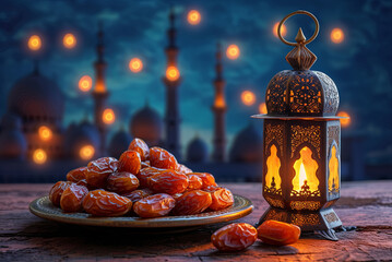 Wall Mural - Plate of dates with a candle in lanterns against the background of a mosque. Ready to eat by iftar time. Islamic religion and Ramadan concept