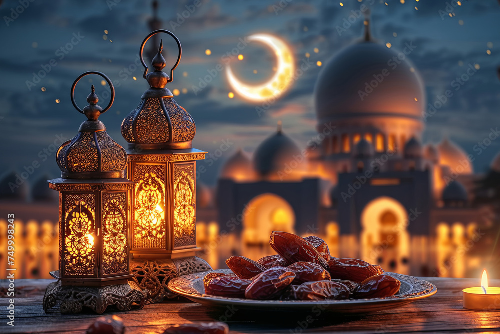 Ramadan iftar dates on wooden table and evening mosque background Stock ...