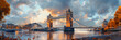 Panoramic View of the Famous Tower Bridge of London,
Illuminated landmark reflects on water majestic man made structure 
