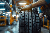 Fototapeta  - tire at repairing service garage background. Technician man replacing winter and summer tire for safety road trip. Transportation and automotive maintenance concept