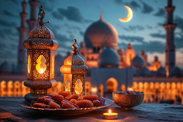 Wall Mural - Ramadan iftar dates on wooden table and evening mosque background