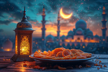Wall Mural - Plate of dates with lanterns in the background mosque