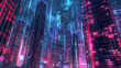 Cyberpunk cityscape with neon skyscrapers