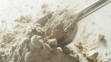 Wall Mural - Close-up of a scoop delicately releasing protein powder in slow motion, set against a bright white backdrop